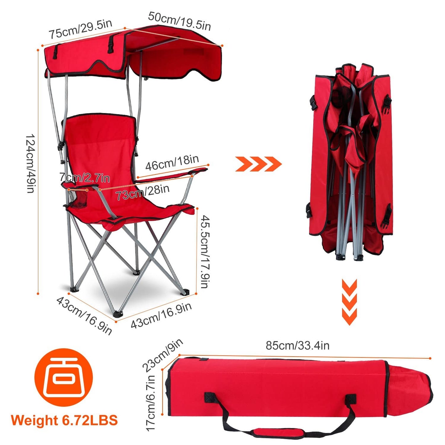 Camp Chair Foldable Canopy Camp Chair with Shade Sun Protection Camping Recliner with Carry Bag Support 330LBS Load Folding Seat with Cup Holder for Fishing/Beach/Travel/Picnic(Blue)