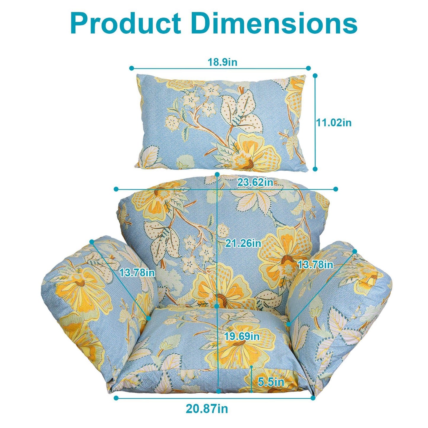 Egg Chair Cushion with Pillow Hanging Basket Seat Cushion 49in Thicken Soft Egg Swing Chair Pad Hanging Egg Chair Cushion with Headrest for Backyard/Garden/Outdoor(Beige_BlueLeaf)